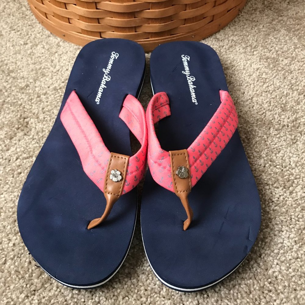 Tommy Bahama Navy Blue w/Pink Thong & Blue Anchors Flip Flops Size 10 - Picture 3 of 6